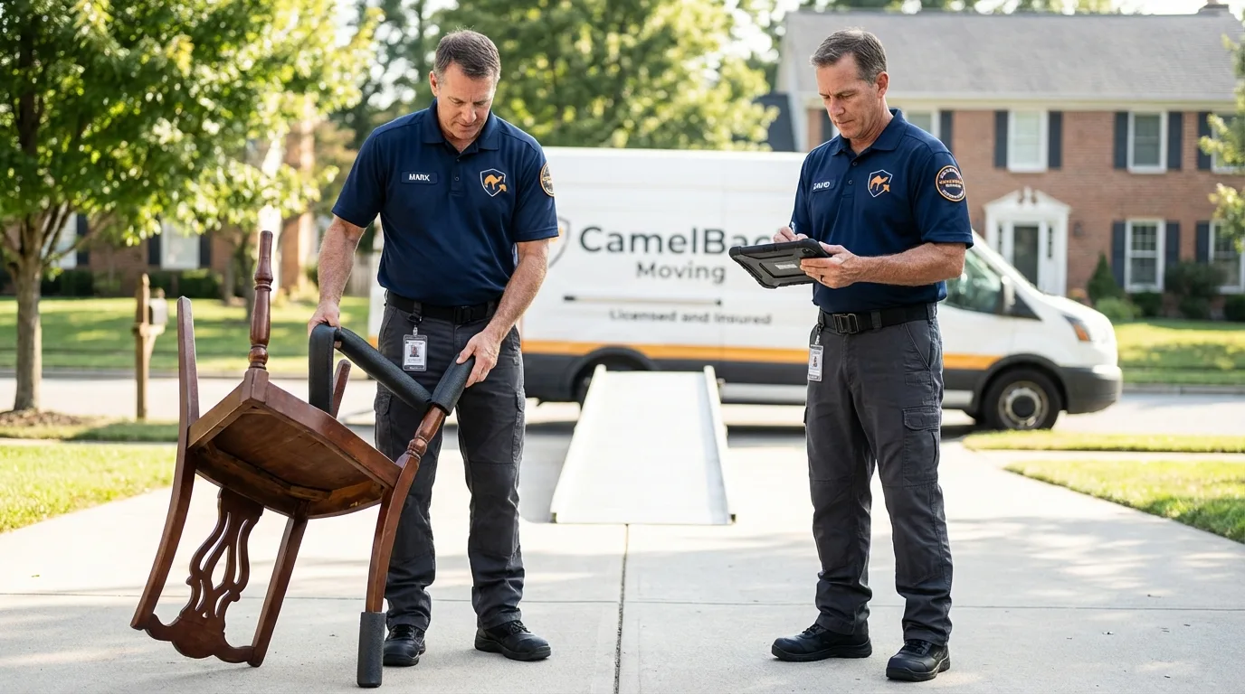 Movers inspecting furniture for damage prevention before loading in Albertville, AL