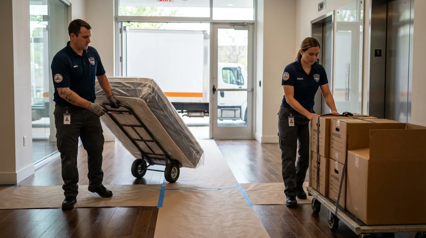Professional apartment movers loading elevator in Albertville, AL